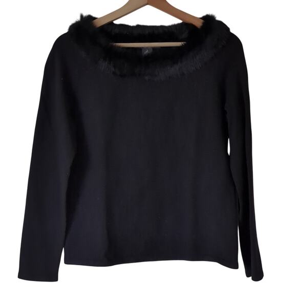 Folio New York Sweater Womens Medium Black Rabbit Hair Fur Trim Silk Cashmere - Picture 1 of 8
